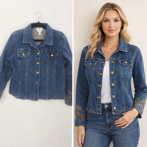 Talbots Denim Jacket Women’s Size Large – Embroidered Western Boho Classic Denim - Picture 2 of 7